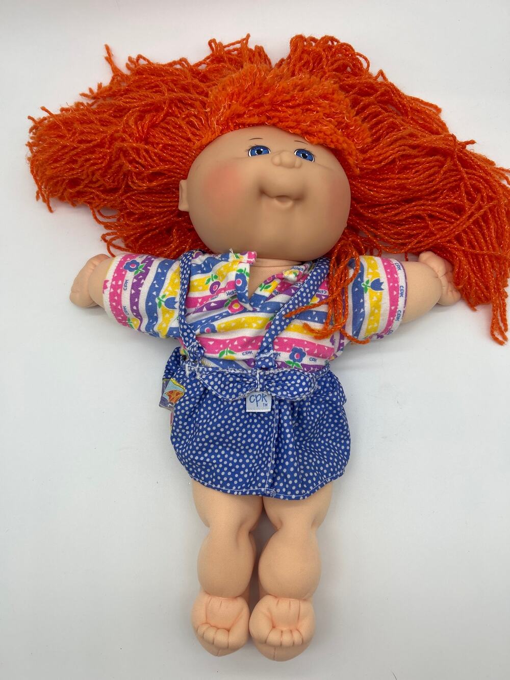 Vintage 1995 Cabbage Patch Kids Red Yarn Hair Doll Blue Polka Dot Outfit Retro